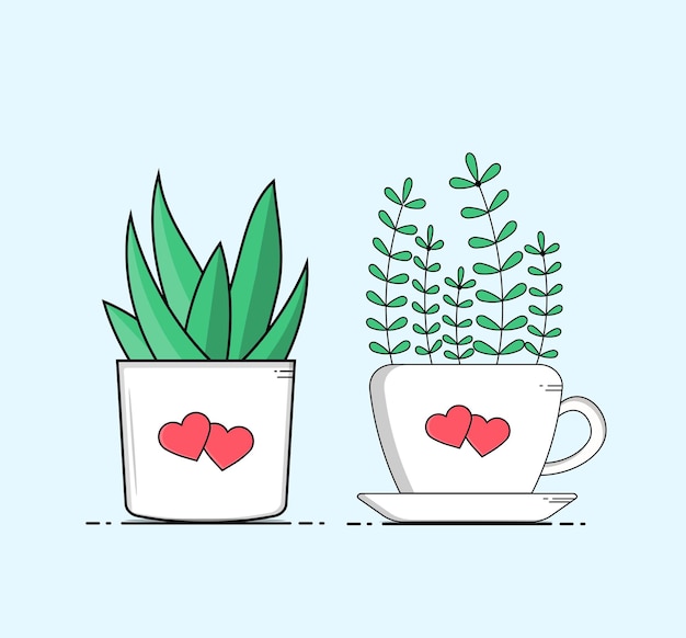Flower in beautiful cup and alo vera flat design vector illustration