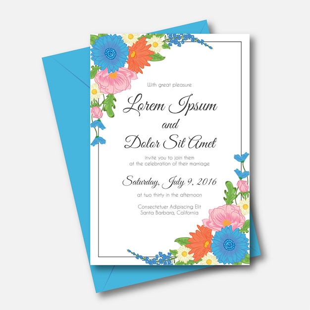 Flower blue pink red wedding invitation card