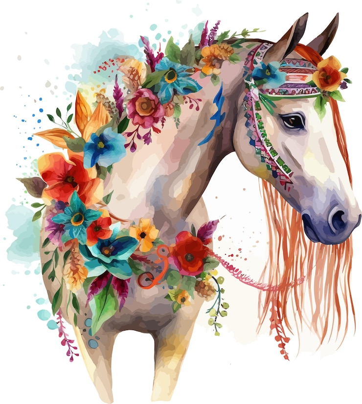 Vector flower boho horse watercolor sublimation clipart