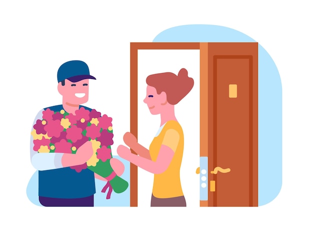 Flower bouquet delivery Courier hands blossoms to woman Floral shipment service Romantic gift Order shipping Deliveryman with blooms bunch Female on home doorstep Vector concept