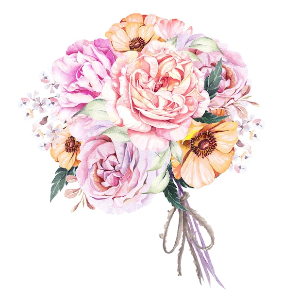 Bouquet di fiori mazzo florealebouquet rosa e papavero con acquerello per biglietti d'invito regali