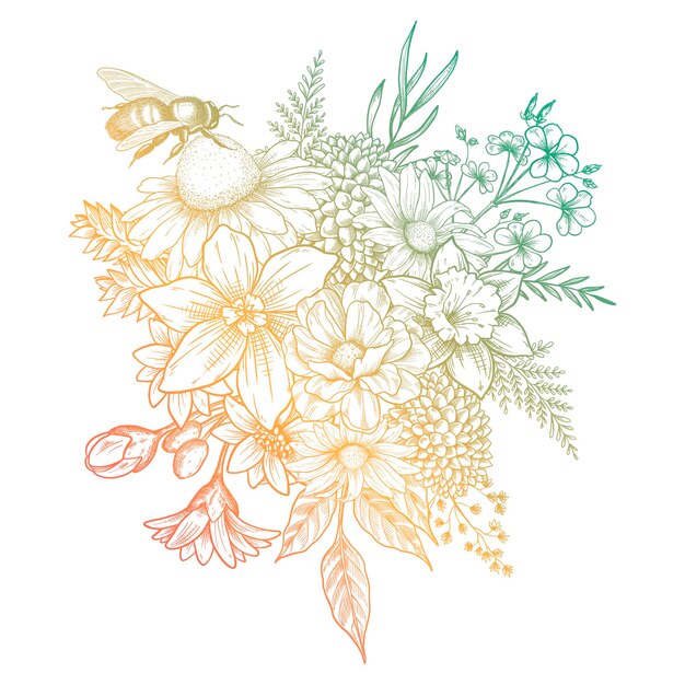 Вектор Букет цветов рисованной иллюстрации эскиз полевые цветы