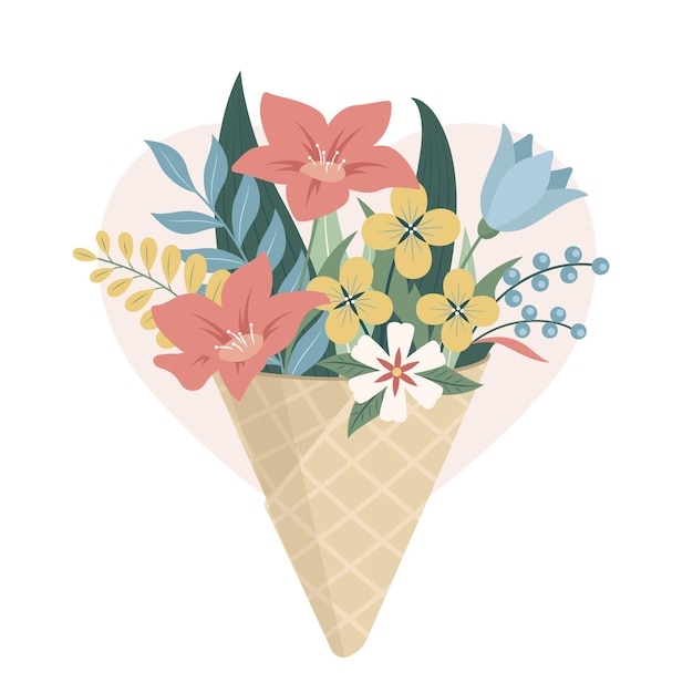 Flower bouquet in an ice cream cone on a heart-shaped background