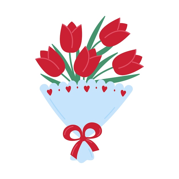 flower bouquet isolated on white background. red tulips in blue wrap
