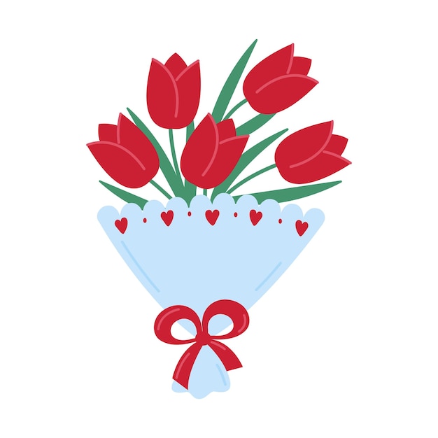 Flower bouquet isolated on white background. Red tulips in blue wrap