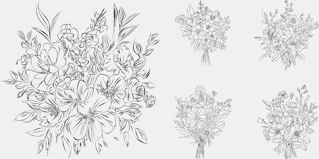 Vector flower bouquet line art black and white floral set collection bundle handdrawn branch foliage