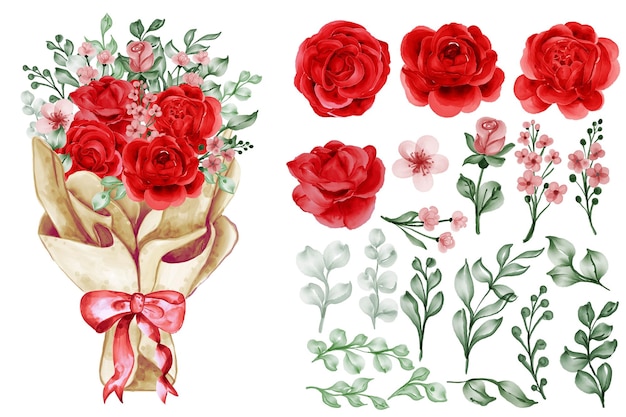 Vettore un bouquet di fiori avvolto in carta con clip art isolate di libertà rosa rossa e foglie