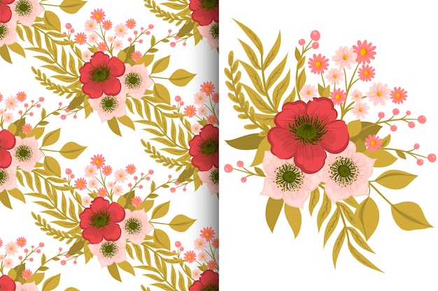 Flower bouquet with seamless pattern floral background set