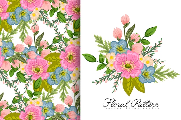 Flower bouquet with seamless pattern floral background set