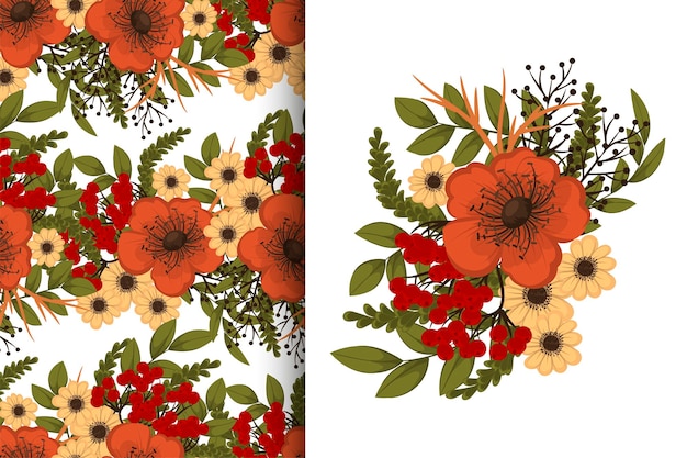 Flower bouquet with seamless pattern Floral background set