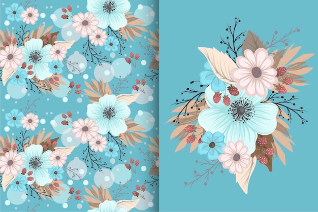 Flower bouquet with seamless pattern floral background set