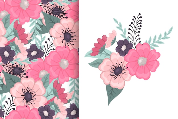 Flower bouquet with seamless pattern. Floral background set