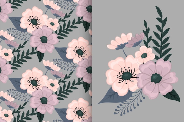 Flower bouquet with seamless pattern Floral background set