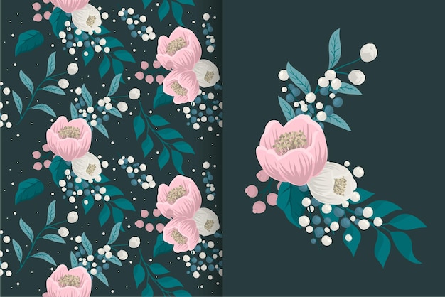 Flower bouquet with seamless pattern. floral background set