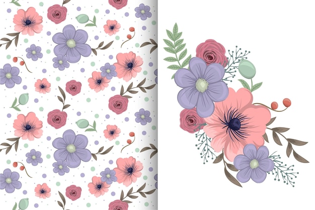 Flower bouquet with seamless pattern floral background set