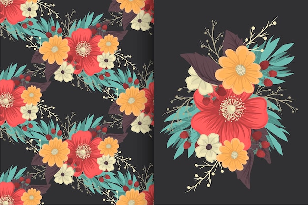 Flower bouquet with seamless pattern floral background set