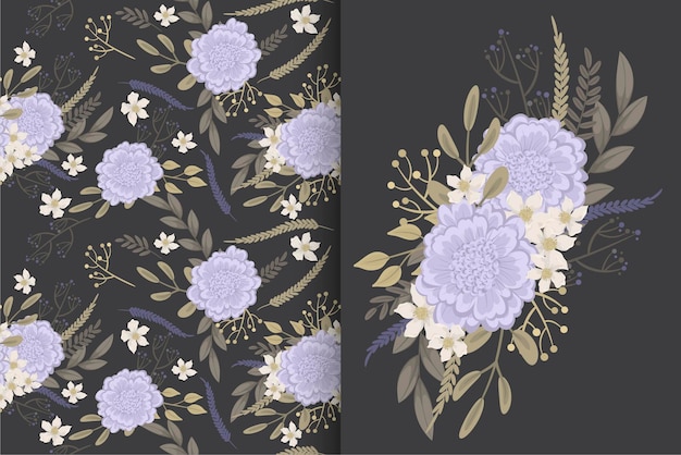 Flower bouquet with seamless pattern. Floral background set