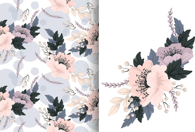 Flower bouquet with seamless pattern. floral background set