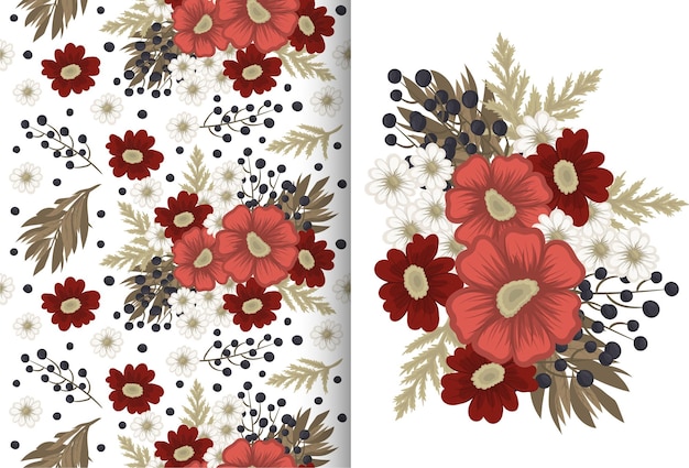 Flower bouquet with seamless pattern. Floral background set