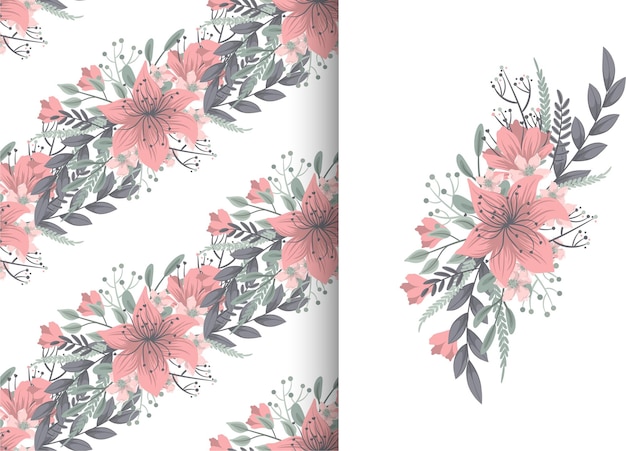 Flower bouquet with seamless pattern. Floral background set