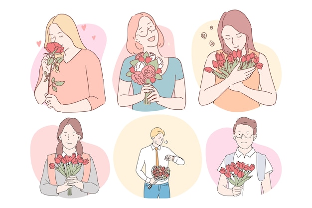 Flower bouquets as presents for women concept. Happy smiling women cartoon characters.