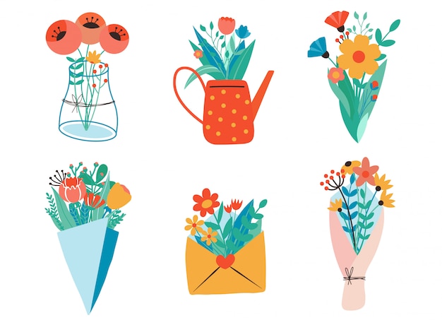 Flower bouquets, kraft paper, envelopes, boxes, ribbons,letter and watering can. Flat design. Paper cut style. Hand drawn trendy  set. Pastel colors. All elements are isolated
