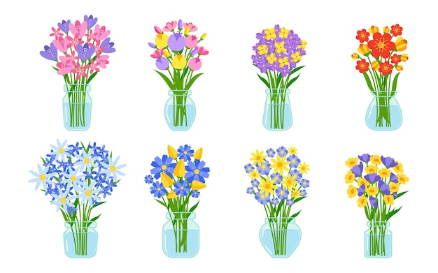 Mazzi di fiori in vaso piatto set di icone. mazzo estivo cartone animato in barattolo di vetro con acqua