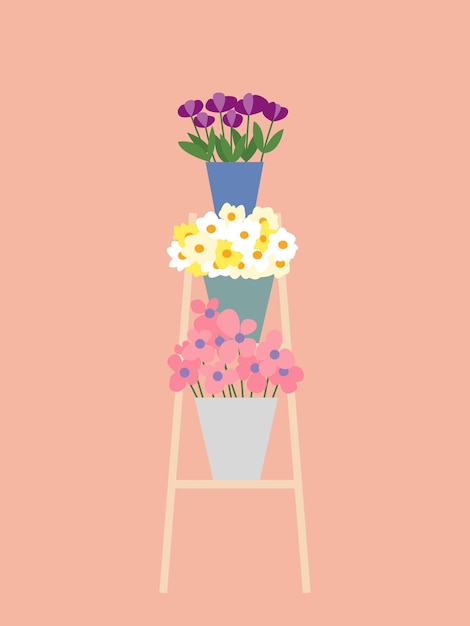 Vector flower bouquets on wooden staircase vector flat illustration