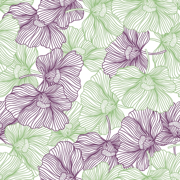 Flower buds seamless pattern ornament line style floral vintage outline endless background