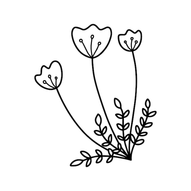 Boccioli di fiori sullo stelo con foglie pianta natura doodle cartone animato libro da colorare lineare