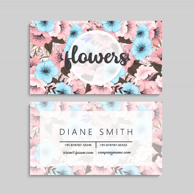 Flower business cards pink and blue flowers