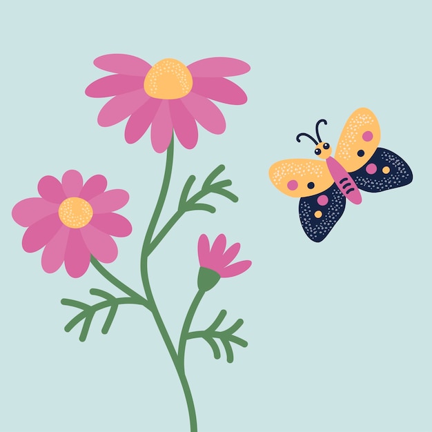 Flower and butterfly. Vector illustration of stylized plants and insects in cartoon style.