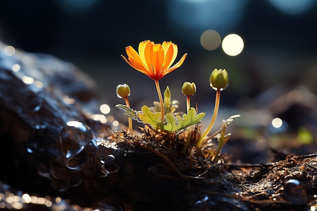 Vector flower of calendula with dew drops in morning sunlight