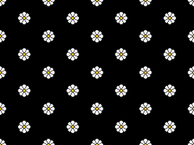 Flower cartoon character seamless pattern on black background pixel style