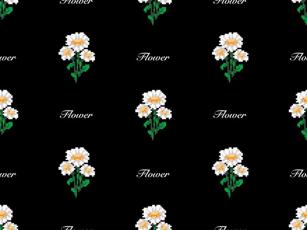 Flower cartoon character seamless pattern on black backgroundPixel style