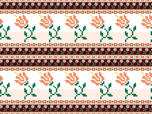 Flower cartoon character seamless pattern on orange backgroundPixel style