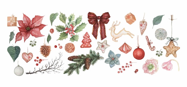 花クリスマス水彩イラスト手描きお正月おもちゃスターボール休日の装飾