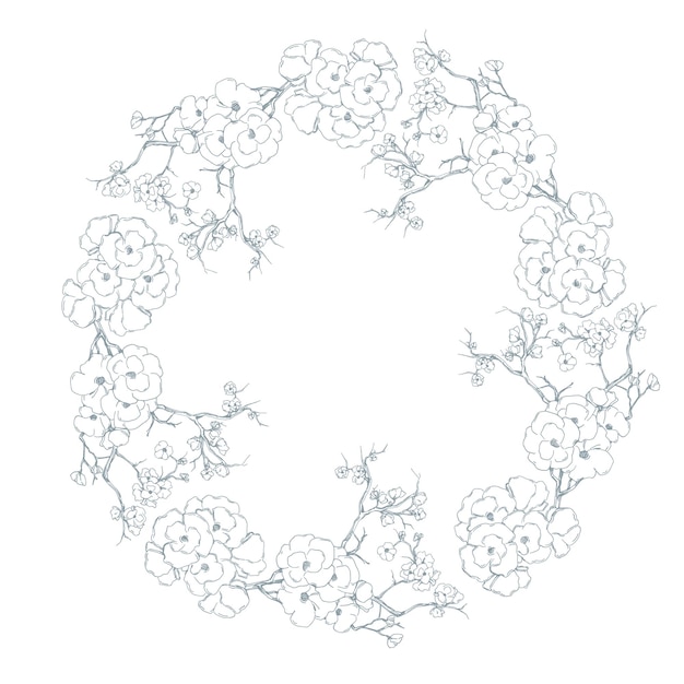 꽃 원 프레임 손으로 그려진 둥근 선 경계 잎과 꽃 결혼 초대장 및 카드