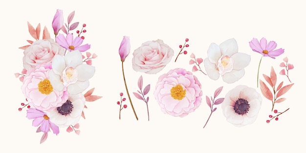 flower clipart of pink roses  orchid and anemone