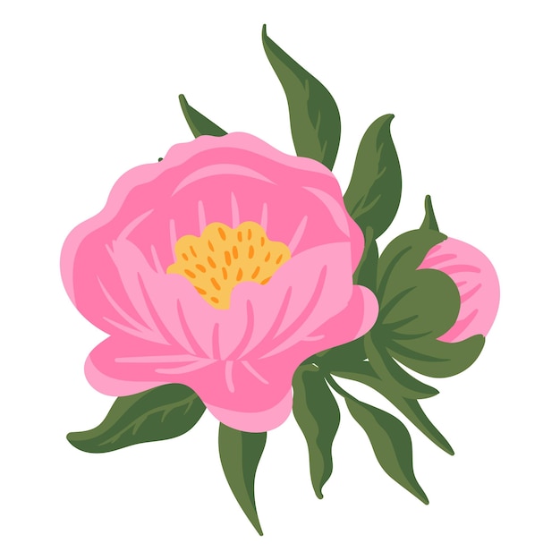 Flower composition pink peonies with green leaves botanical collection for wedding invitation