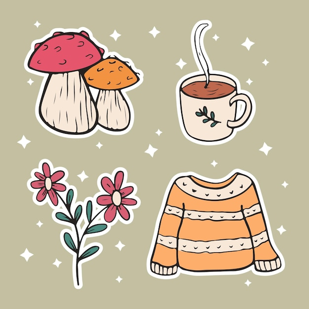 Vector flower cup coat and mushroom designs cute stickers