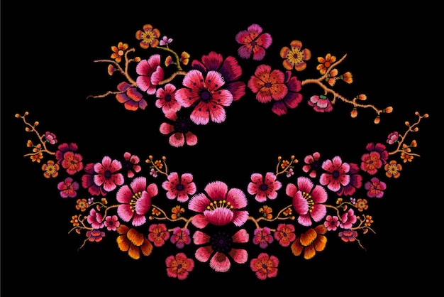 Flower Design Embroidery on black  illustration