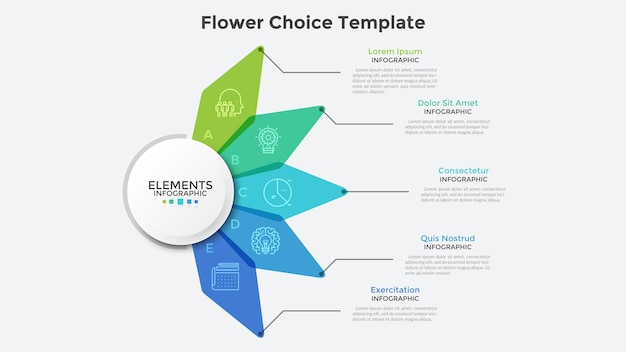 Vector flower diagram with five colorful translucent petals. modern infographic design template. concept of 5 features of startup project. creative vector illustration for business presentation, report.