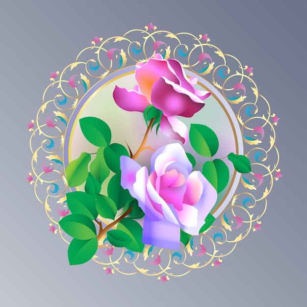 Vector flower drawing with traditional motifs on frame