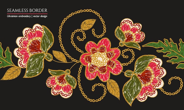 Flower embroidery color illustration on black Ethnic fabric floral ornament