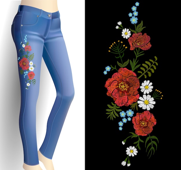 Flower embroidery on woman blue jeans 3d mockup Fashion outfit detail rose poppy flower print patch vector illustration art