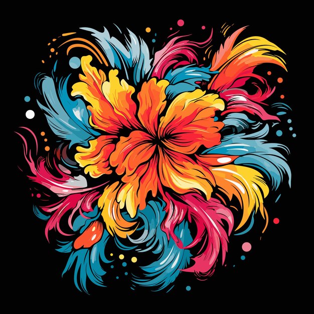 Flower Explosion Abstract image of bright multicoloured tropical flowers in vector pop art style isolated on black Design element for poster tshirt sticker etc