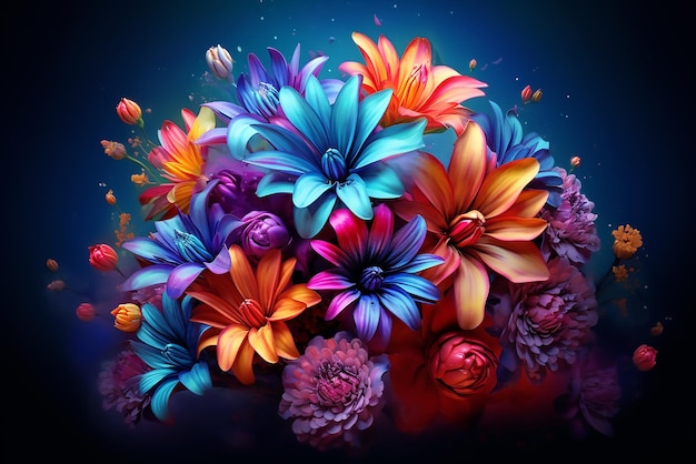 Vector flower explosion colorful magical tropical flowers isolated on black background in vector pop art