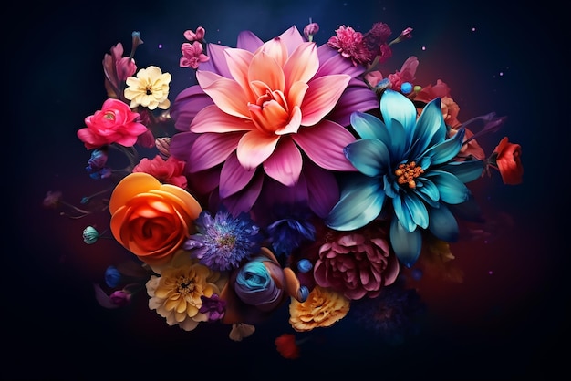 Цветочный взрыв красочные волшебные тропические цветы, изолированные на черном фоне в векторном поп-арте