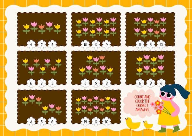 Flower farm counting cute flat design vector printable for kids